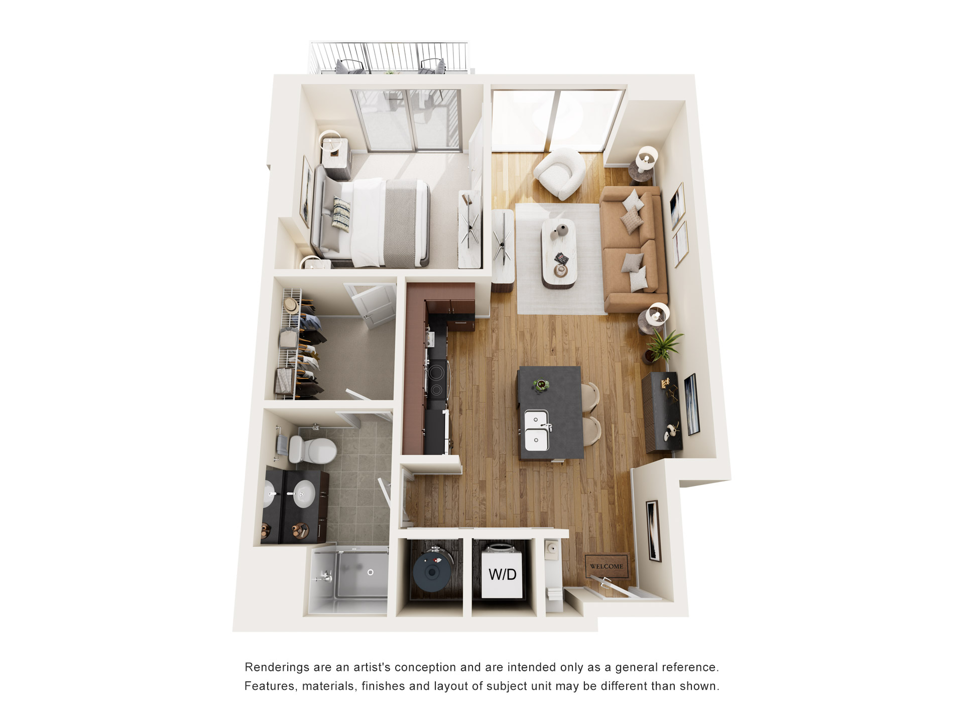 Floor plan for 1 bed, 1 bath, 685 sqft